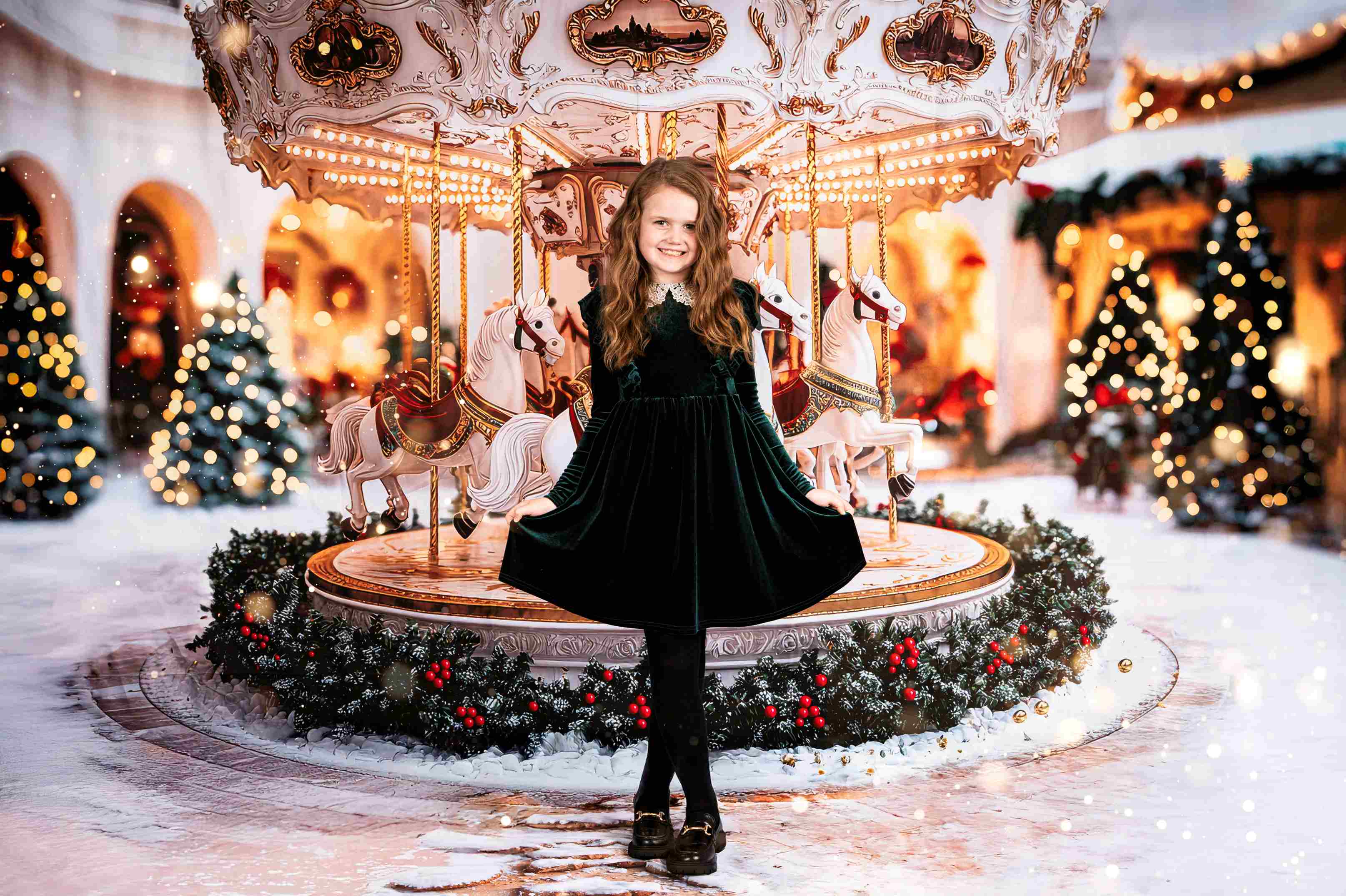 Kate Carrousel Noël Lumière Sapins Toile de fond conçue par Mini MakeBelieve