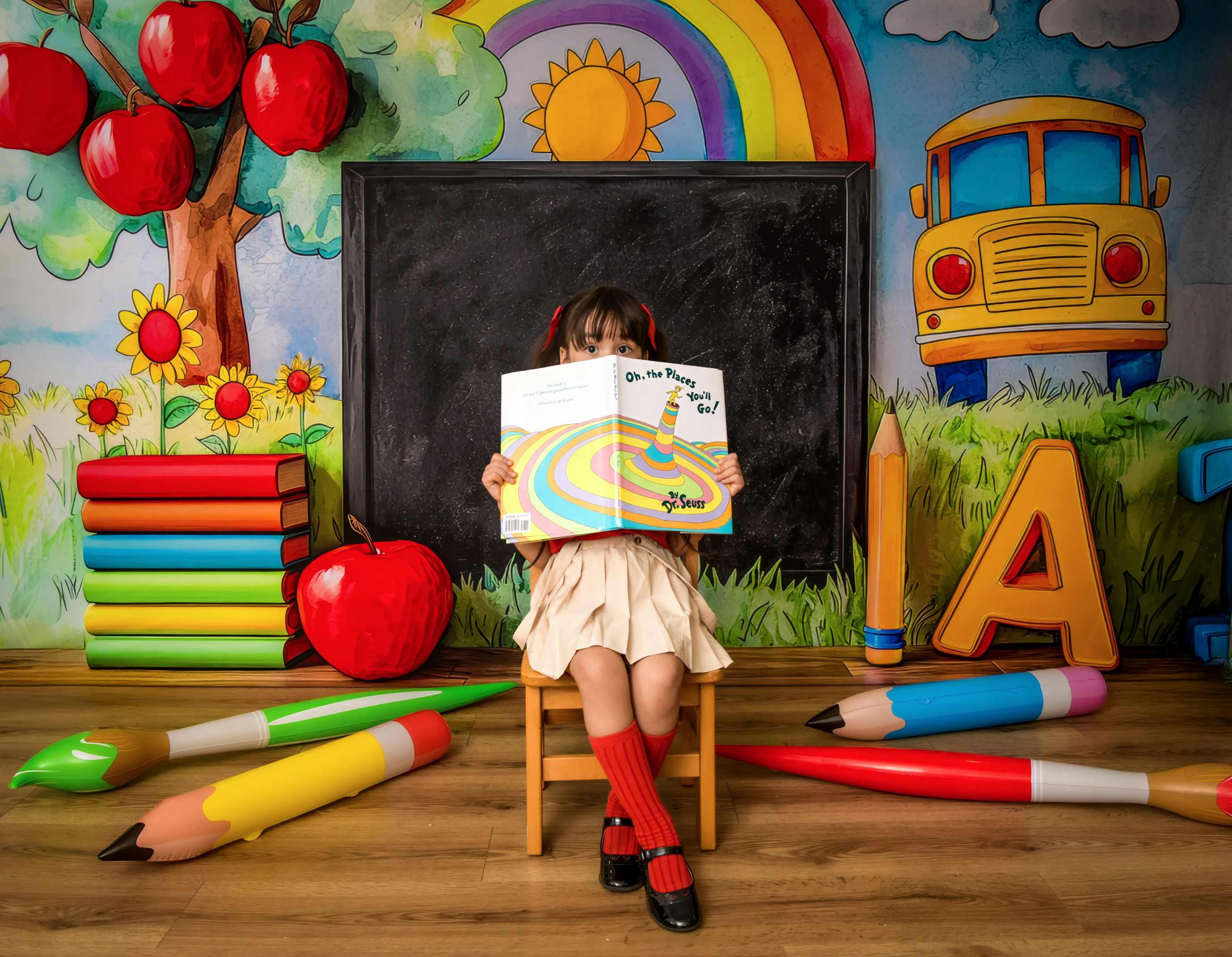 Kate École Tableau noir Arc-en-ciel Pommes Toile de fond conçue par Mini MakeBelieve - Kate Backdrop FR