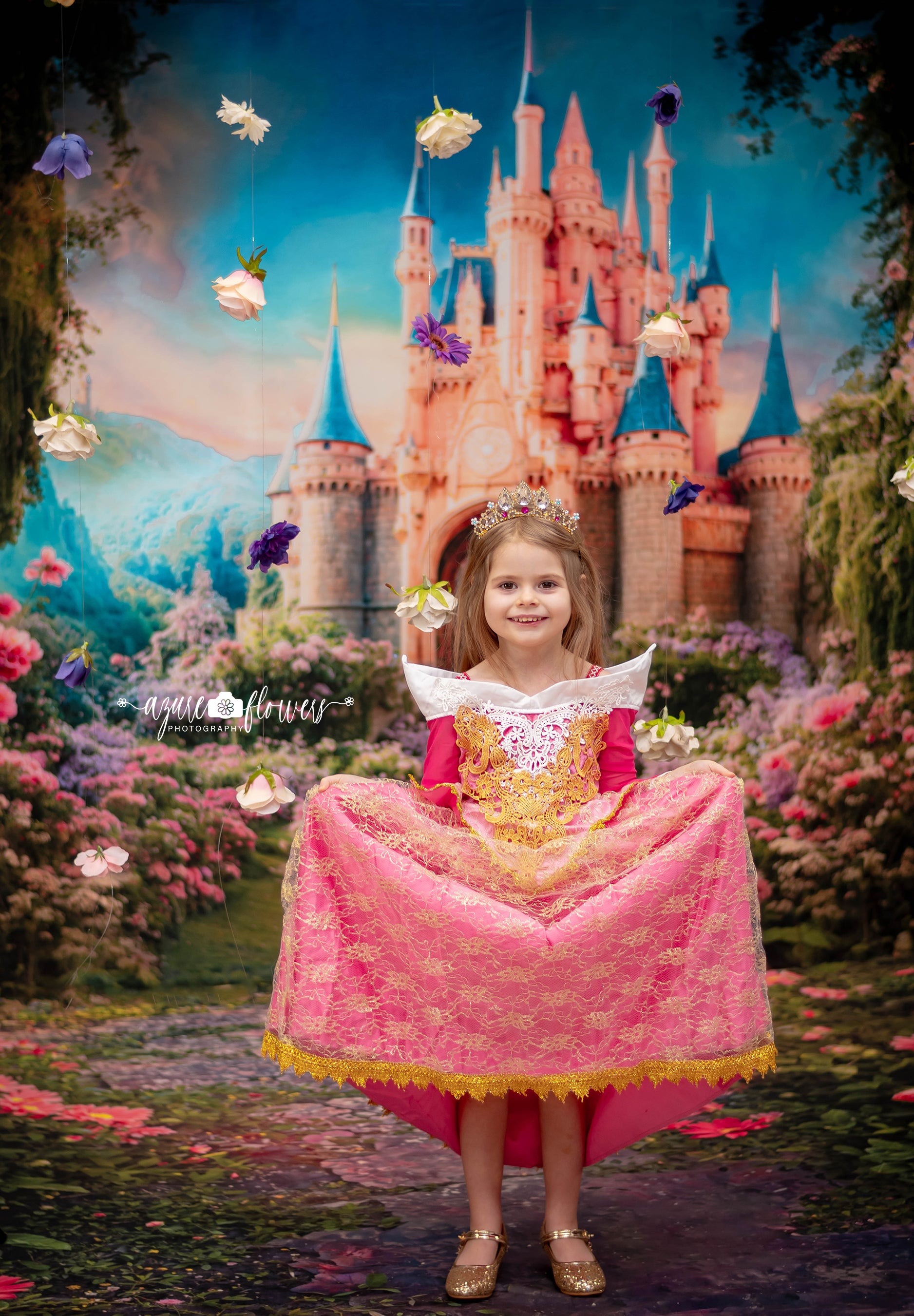 Kate Printemps Fantaisie Forêt Fleur Château Toile de fond+Saint Valentin Fleurs Rose Pierre Sol Toile de fond - Kate Backdrop FR