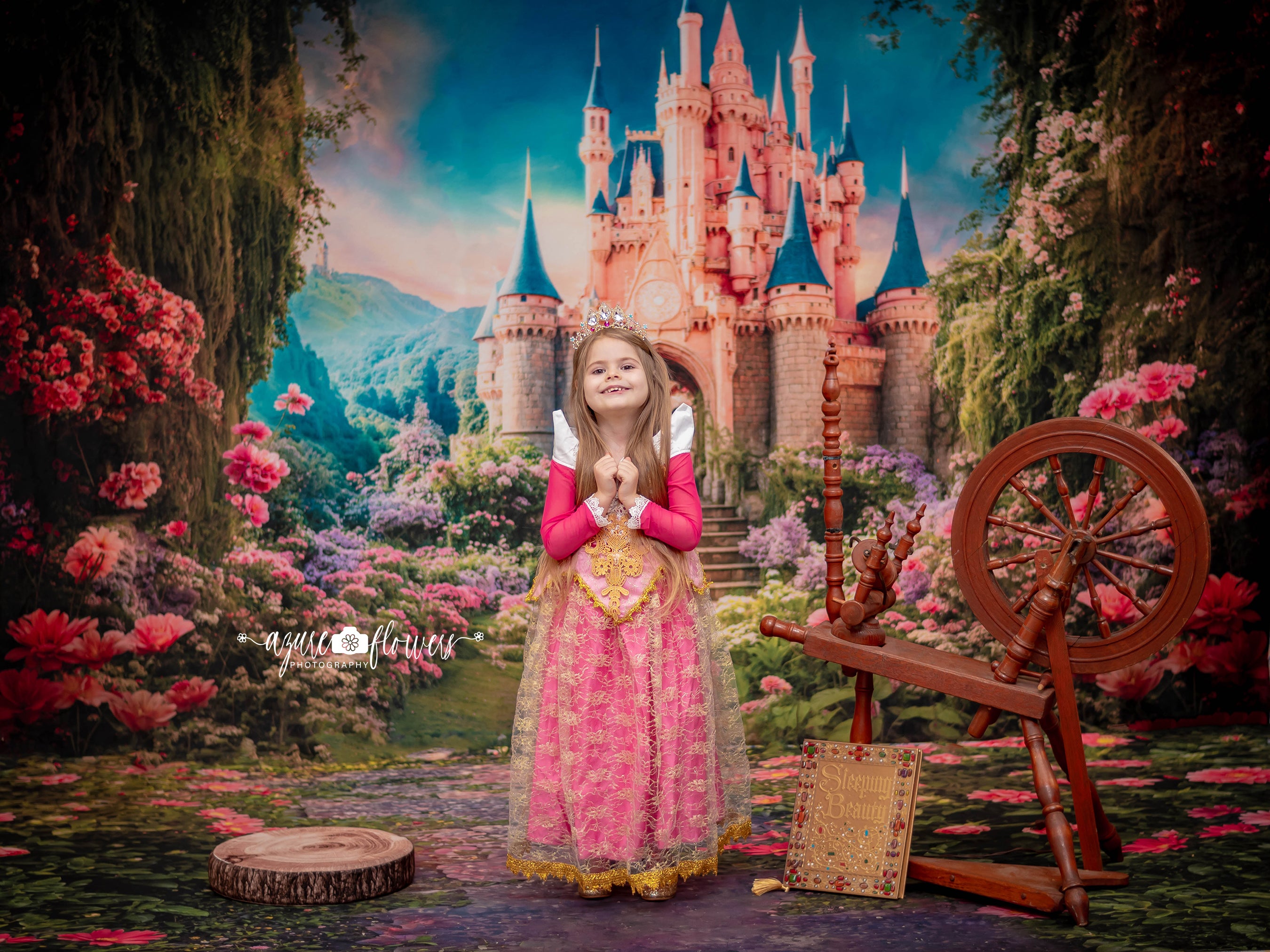 Kate Printemps Fantaisie Forêt Fleur Château Toile de fond+Saint Valentin Fleurs Rose Pierre Sol Toile de fond - Kate Backdrop FR