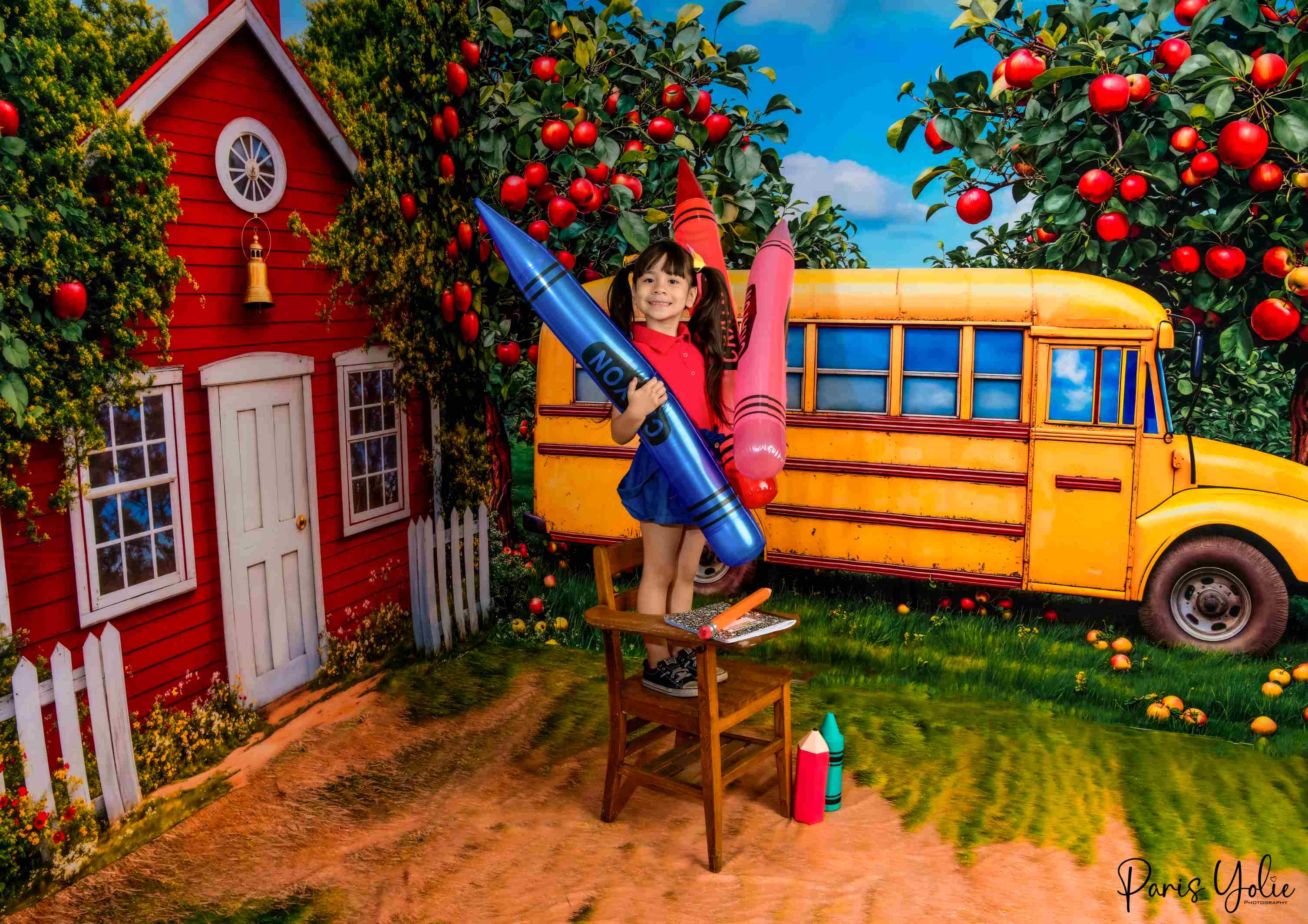 Kate Scolaire Bus Pomme École Rouge Ensemble de chambre - Kate Backdrop FR