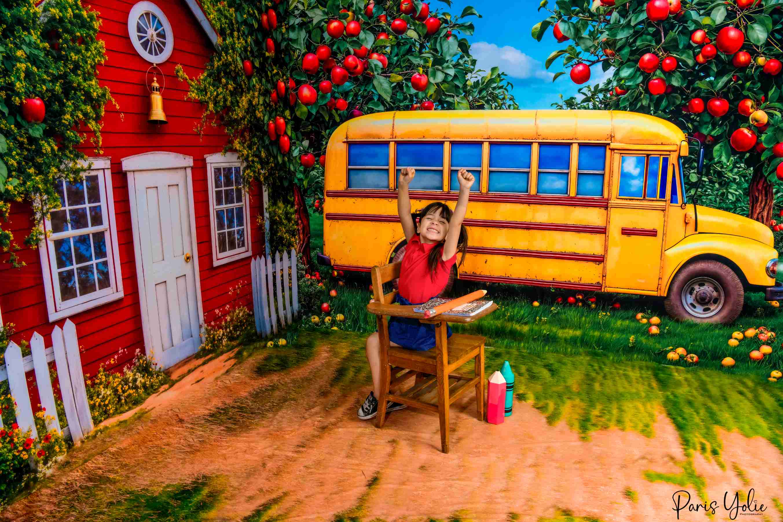 Kate Scolaire Bus Pomme École Rouge Ensemble de chambre - Kate Backdrop FR