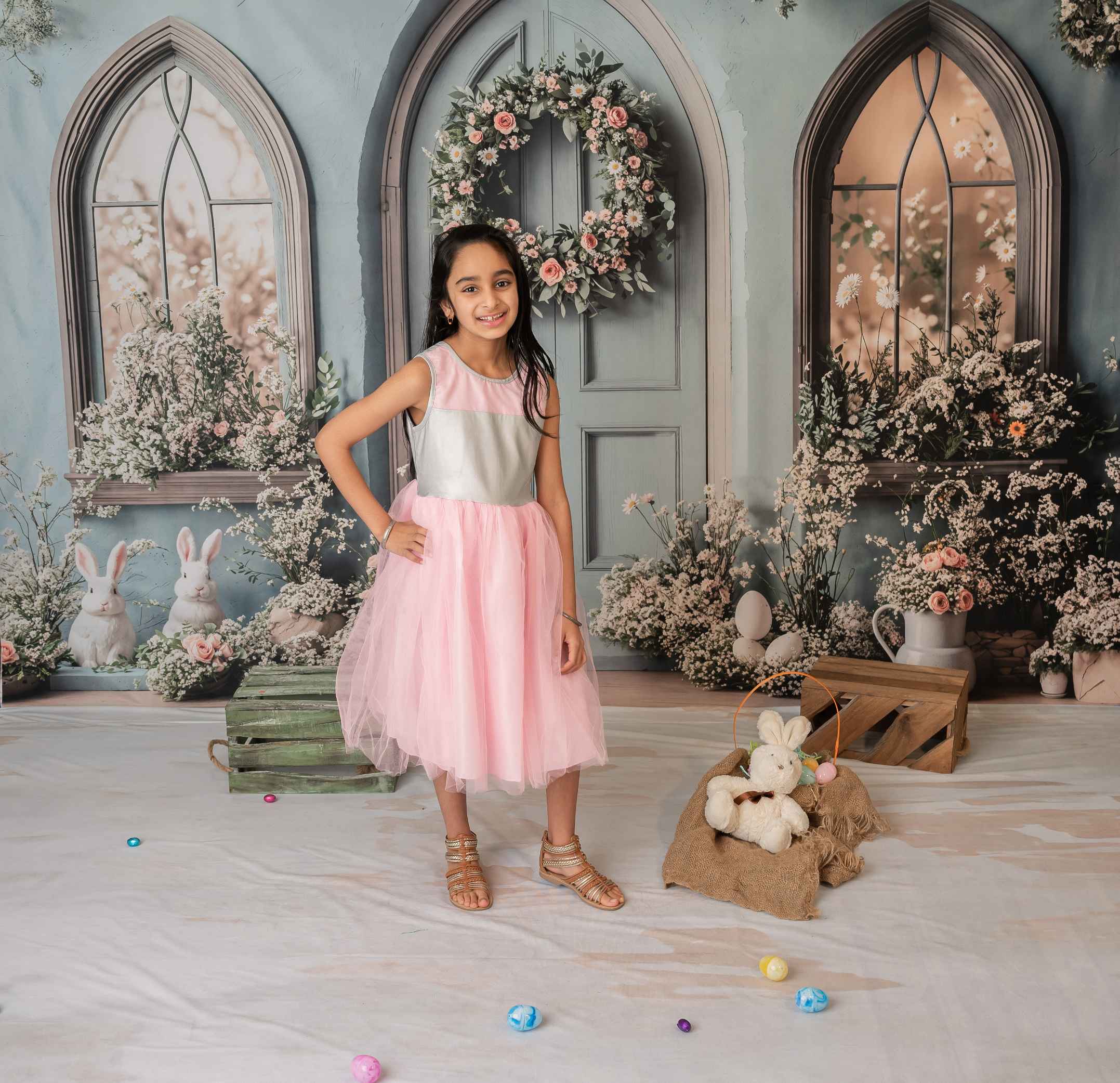 Kate Pâques Lapin Fleurs Bleu Porte Toile de fond+Neutre Parquet Bois Sol Toile de fond - Kate Backdrop FR