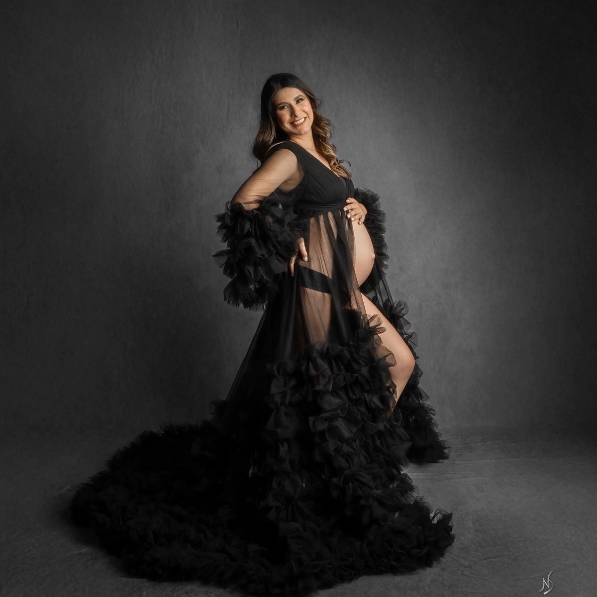 Kate Col en V Maille Manche mi-longue Longue Robe de Grossesse pour Séance Photo - Kate Backdrop FR