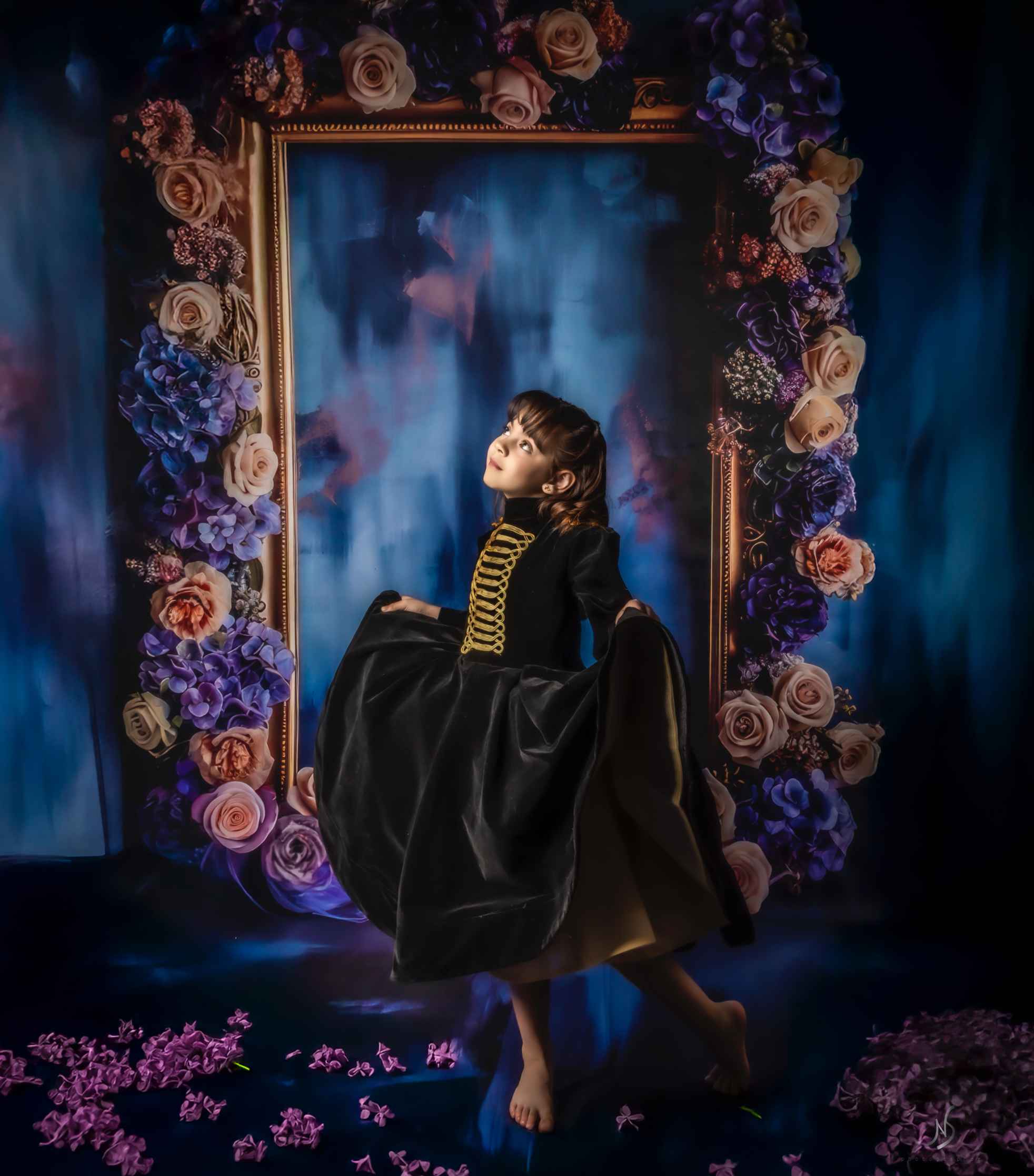 Kate Sweep Mur-à-Sol Fleurs Cadre Bleu Rideau Toile de fond conçue par Mini MakeBelieve - Kate Backdrop FR