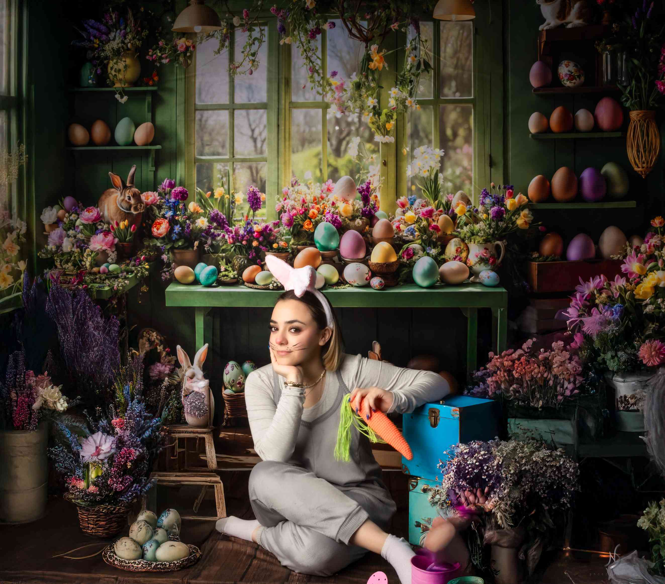 Kate Pâques Fenêtre Lapin Fleurs Œufs Toile de fond conçue par Emetselch - Kate Backdrop FR