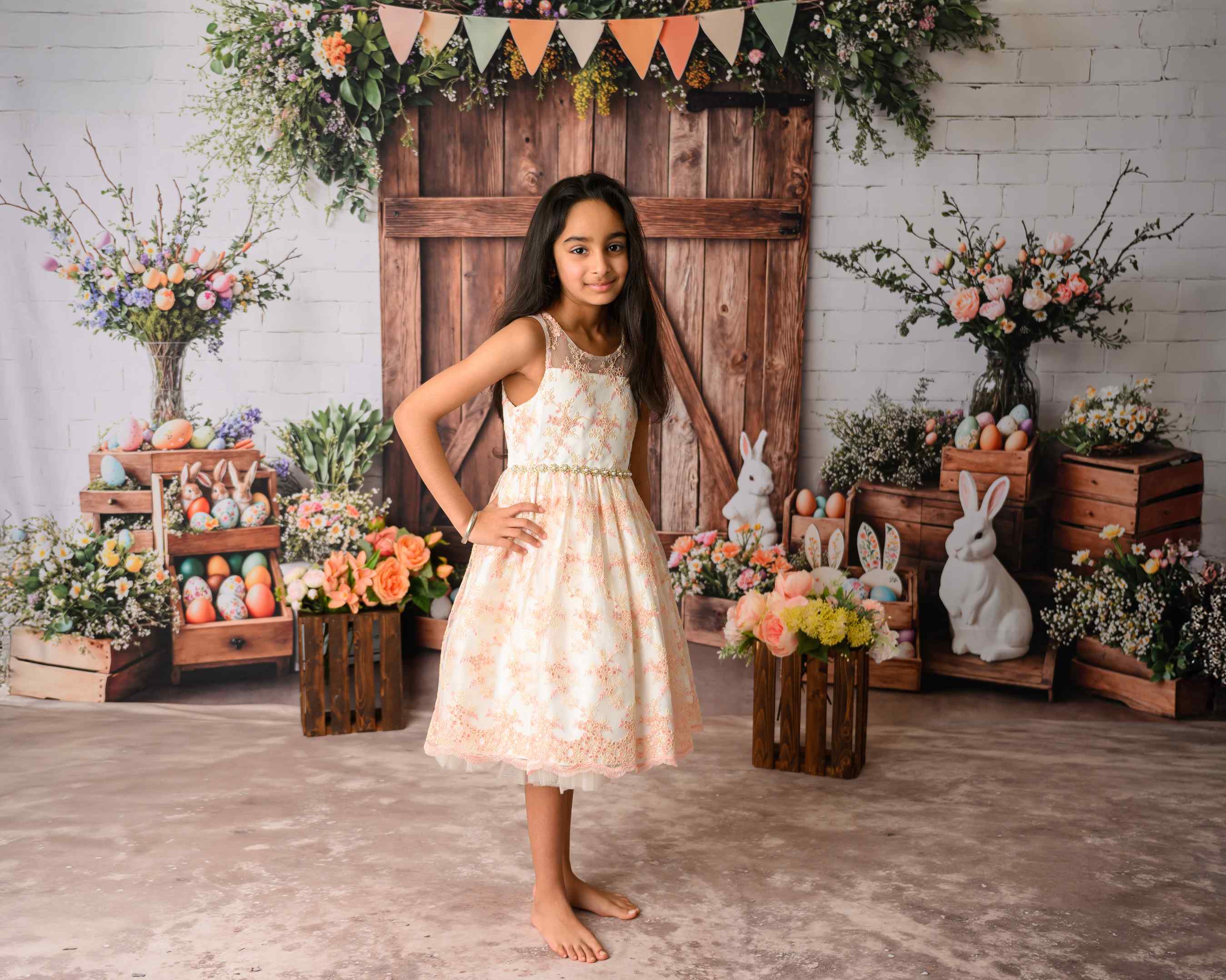 Kate Pâques Grange Porte Lapin Fleurs Toile de fond+Abstrait Beige Marron Clair Sol Toile de fond - Kate Backdrop FR