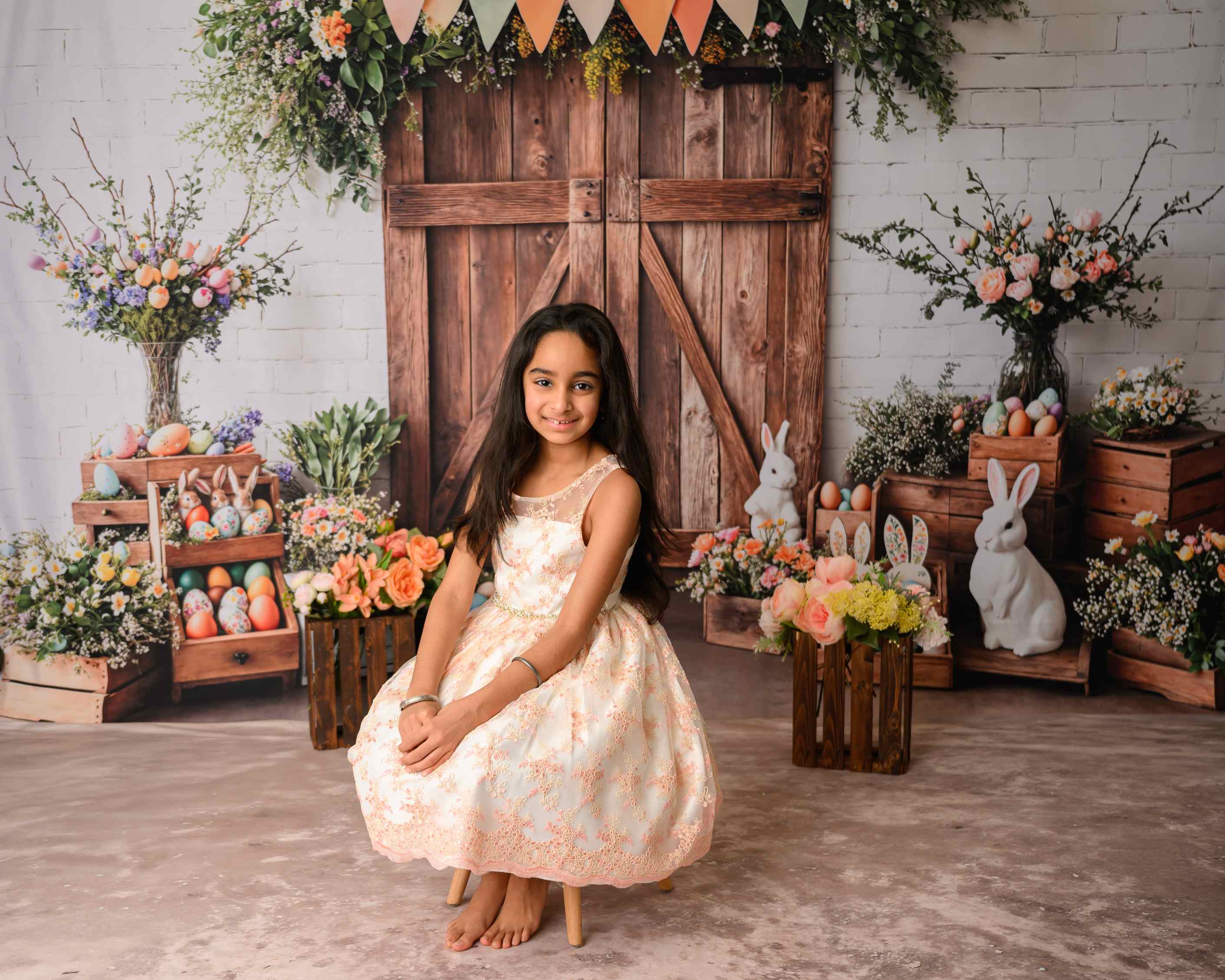 Kate Pâques Grange Porte Lapin Fleurs Toile de fond+Abstrait Beige Marron Clair Sol Toile de fond - Kate Backdrop FR