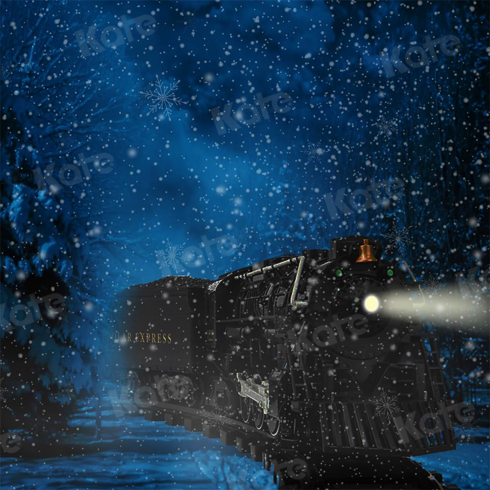 Kate Train Noël Neige Nuit Bleu Toile de fond conçu par Jerry_Sina - Kate Backdrop FR