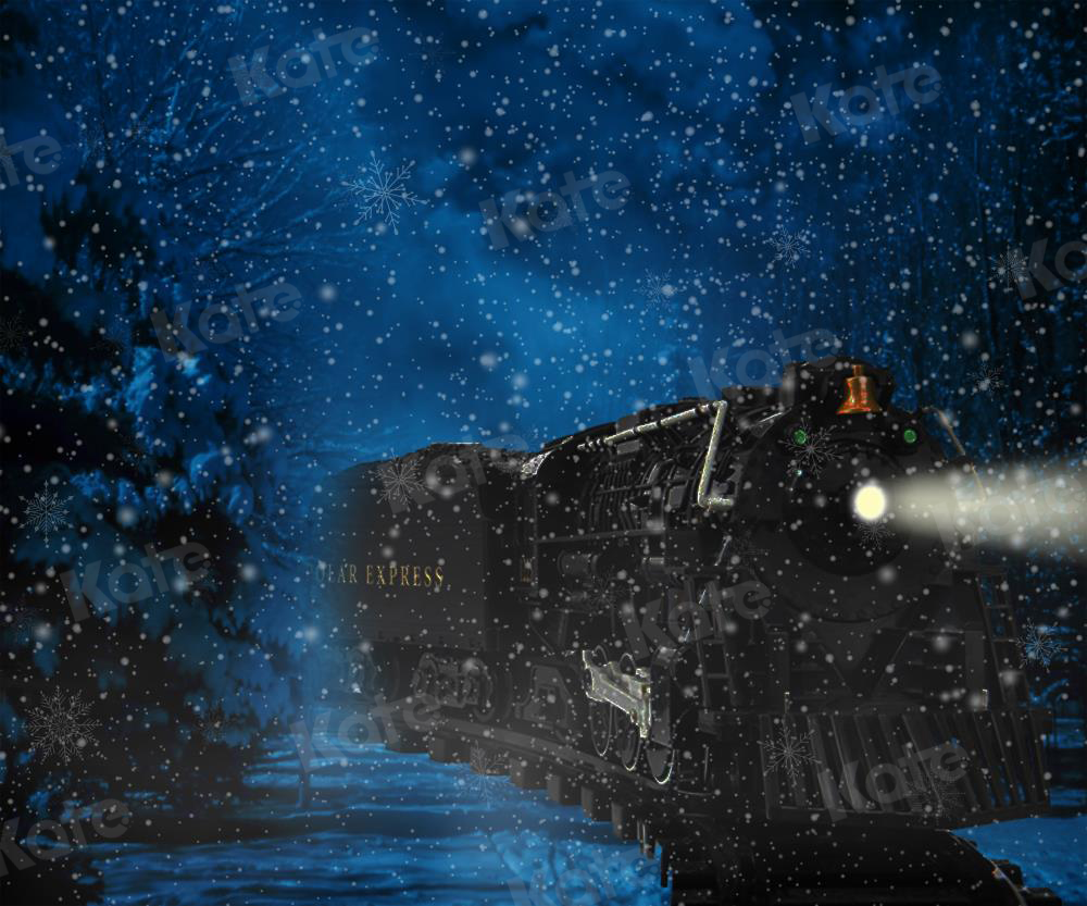 Kate Train Noël Neige Nuit Bleu Toile de fond conçu par Jerry_Sina - Kate Backdrop FR