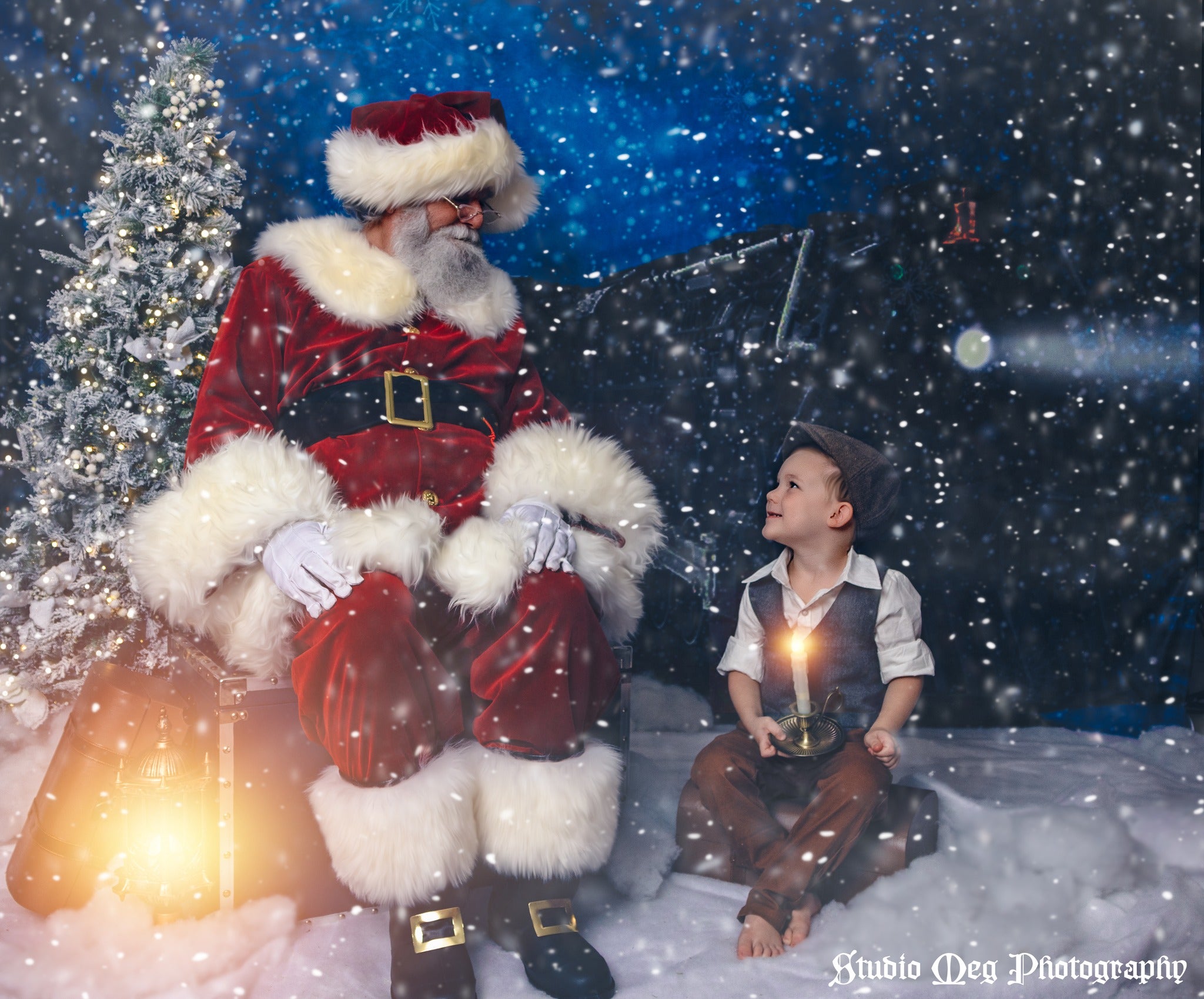 Kate Train Noël Neige Nuit Bleu Toile de fond conçu par Jerry_Sina - Kate Backdrop FR