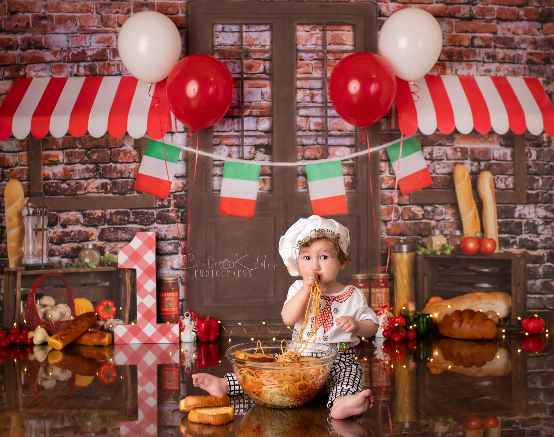 Kate Spaghetti Cake smash Brique Cuisine Pain Toile de fond conçue par Rose Abbas - Kate Backdrop FR