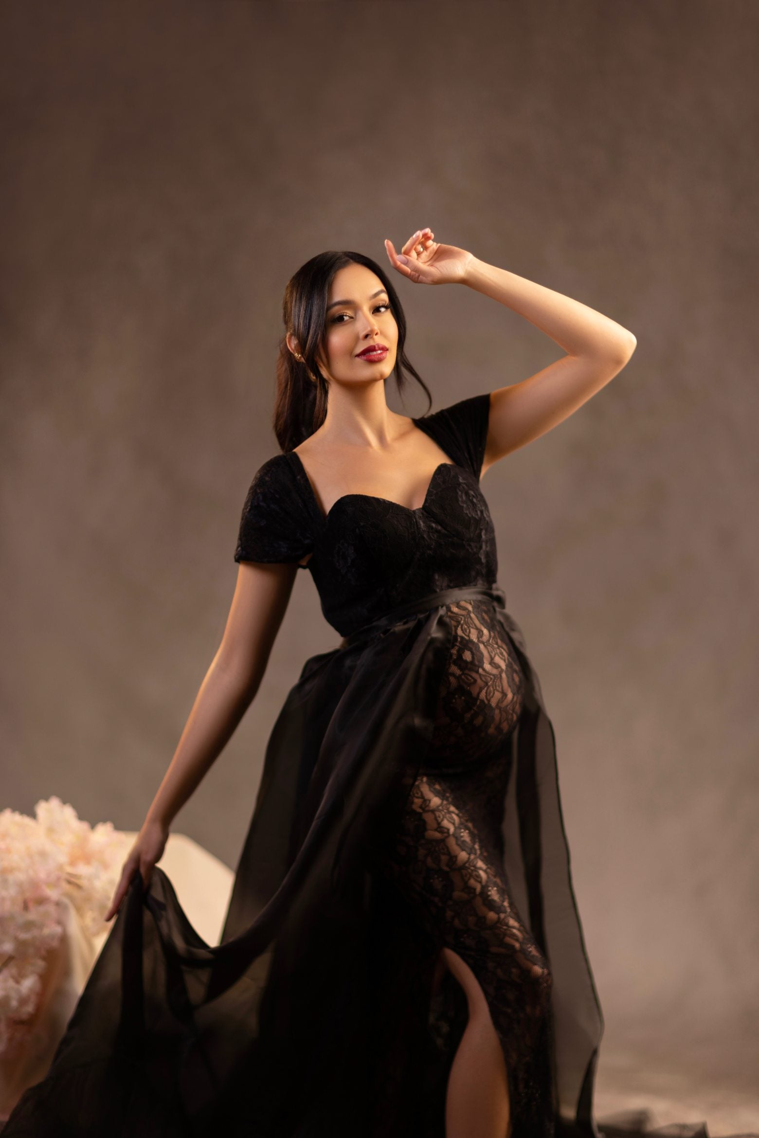 Kate Dentelle Manches courtes Noir Robe de Grossesse pour Séance Photo - Kate Backdrop FR
