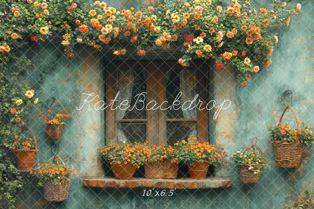 Kate Printemps Fleurs Mur Bleu Fenêtre Toile de fond conçue par Emetselch - Kate Backdrop FR