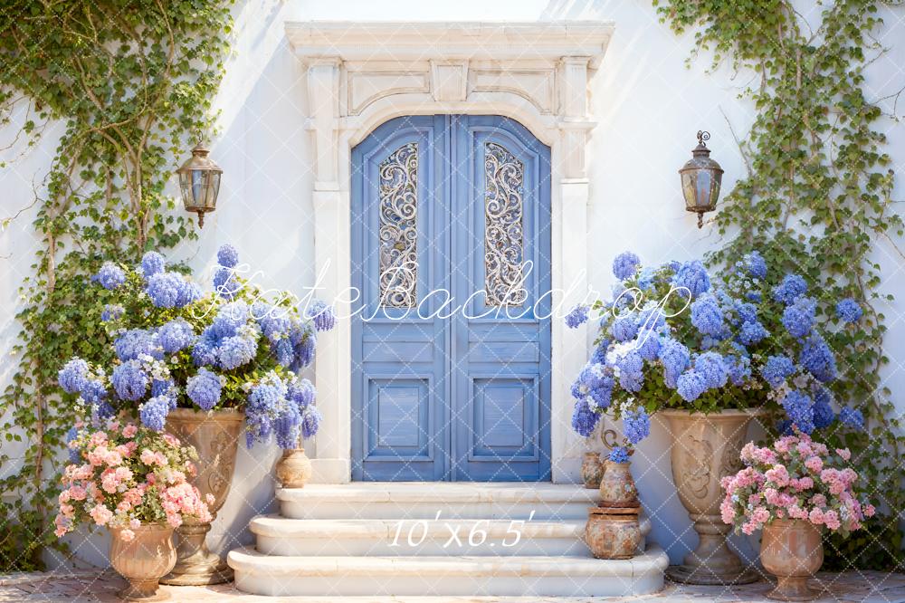 Kate Printemps Fleurs Plantes vertes Porte Bleue Toile de fond conçue par Emetselch - Kate Backdrop FR