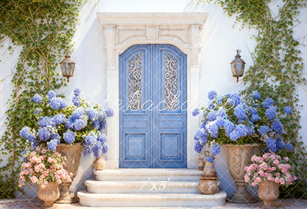 Kate Printemps Fleurs Plantes vertes Porte Bleue Toile de fond conçue par Emetselch - Kate Backdrop FR