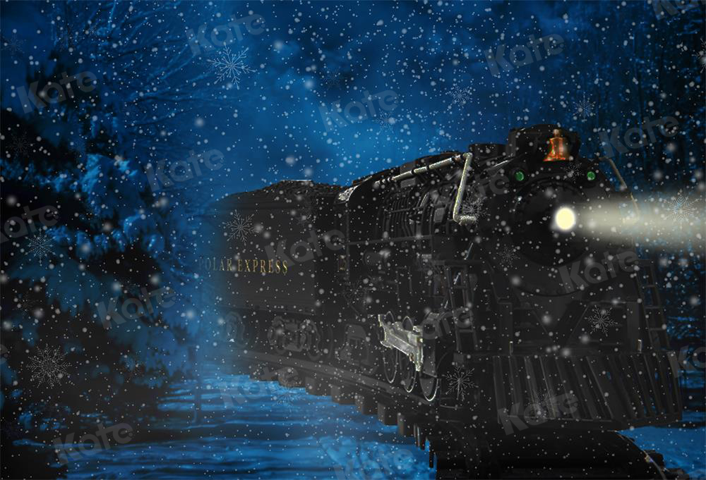 Kate Train Noël Neige Nuit Bleu Toile de fond conçu par Jerry_Sina - Kate Backdrop FR