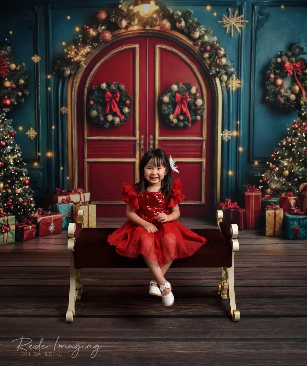 Kate Sweep Mur-à-Sol Mur Rétro Porte Rouge Noël Toile de fond conçue par Lidia Redekopp - Kate Backdrop FR