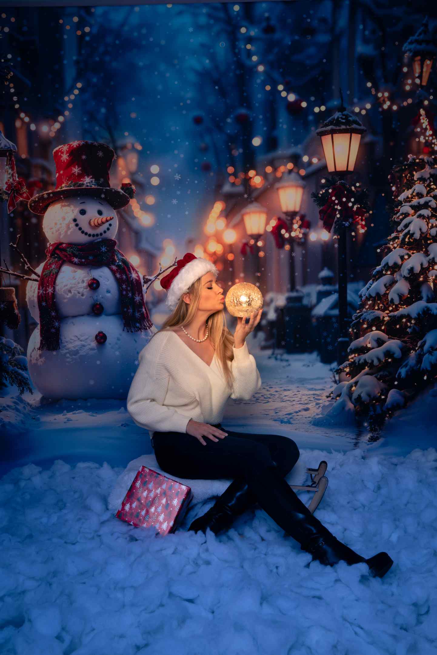 Kate Noël Bonhomme de neige Lumières Rue Toile de fond conçue par Emetselch - Kate Backdrop FR