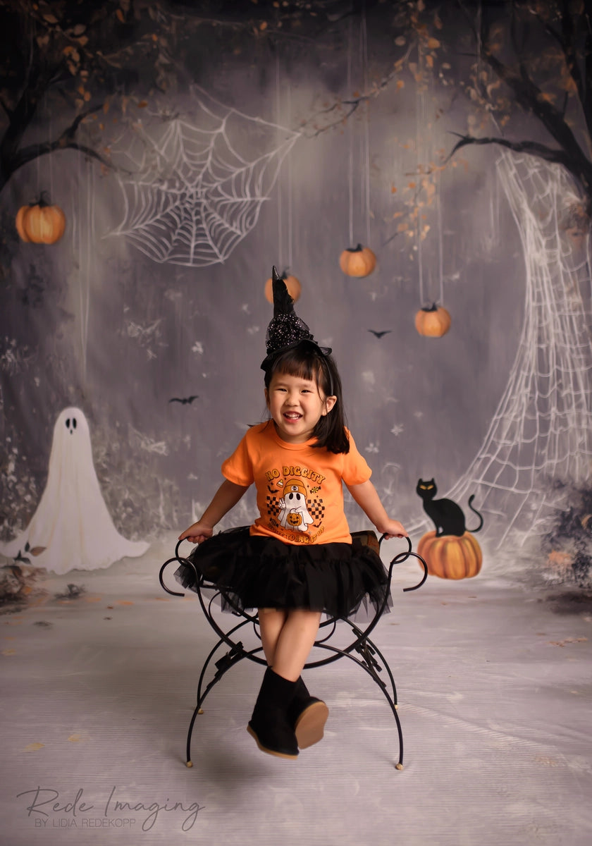 Kate Sweep Mur-à-Sol Halloween Fantôme Toile d'araignée Toile de fond conçue par Lidia Redekopp - Kate Backdrop FR
