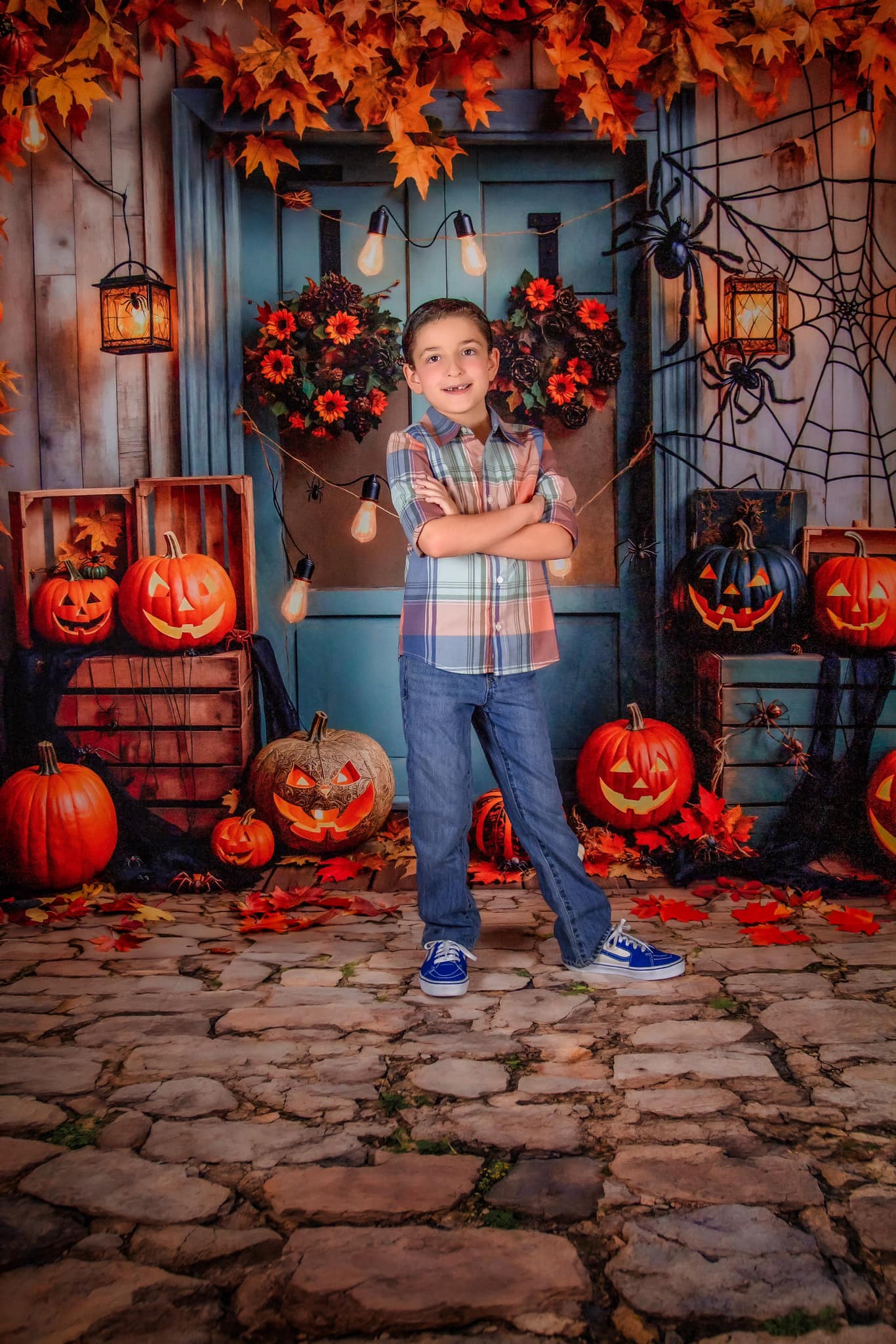 Kate Halloween Citrouille Érable Porte bleue Toile de fond conçue par Emetselch - Kate Backdrop FR