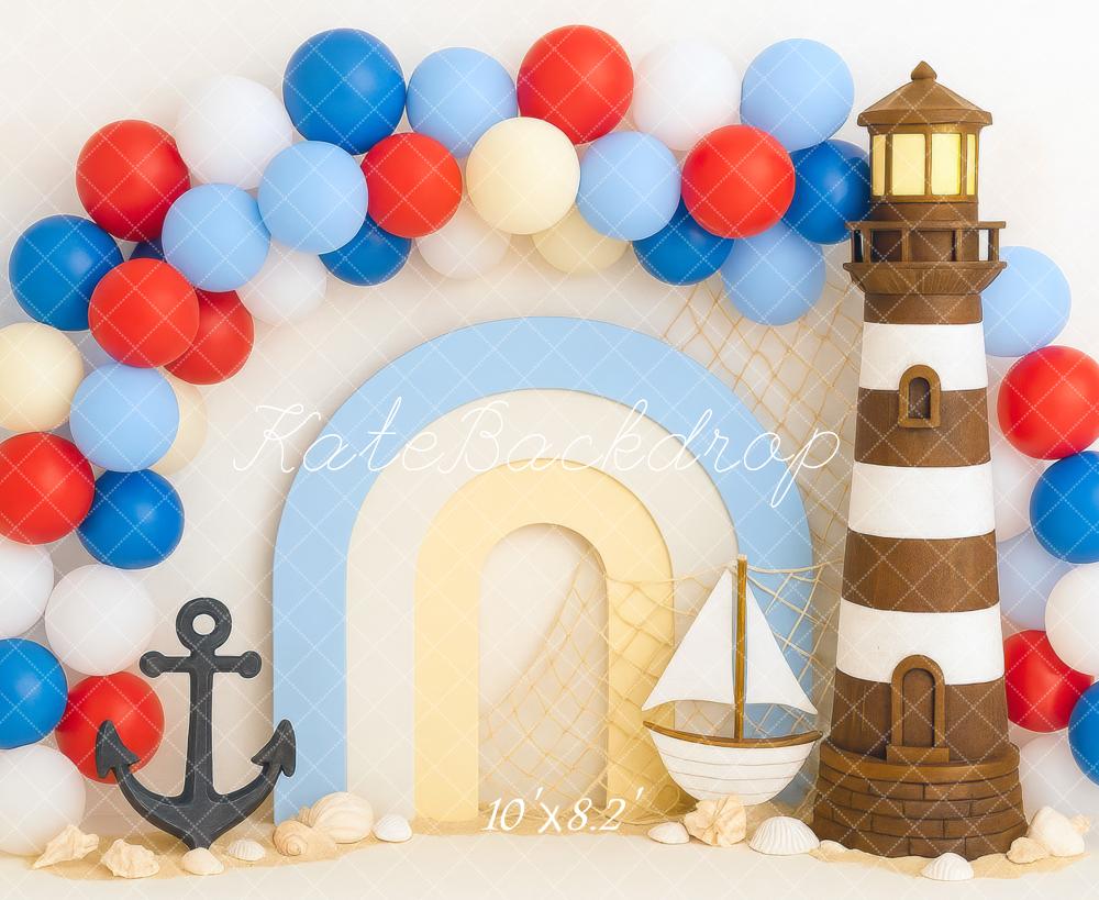 Kate Anniversaire Marin Phare Bateau Ballons Toile de fond conçue par Mini MakeBelieve