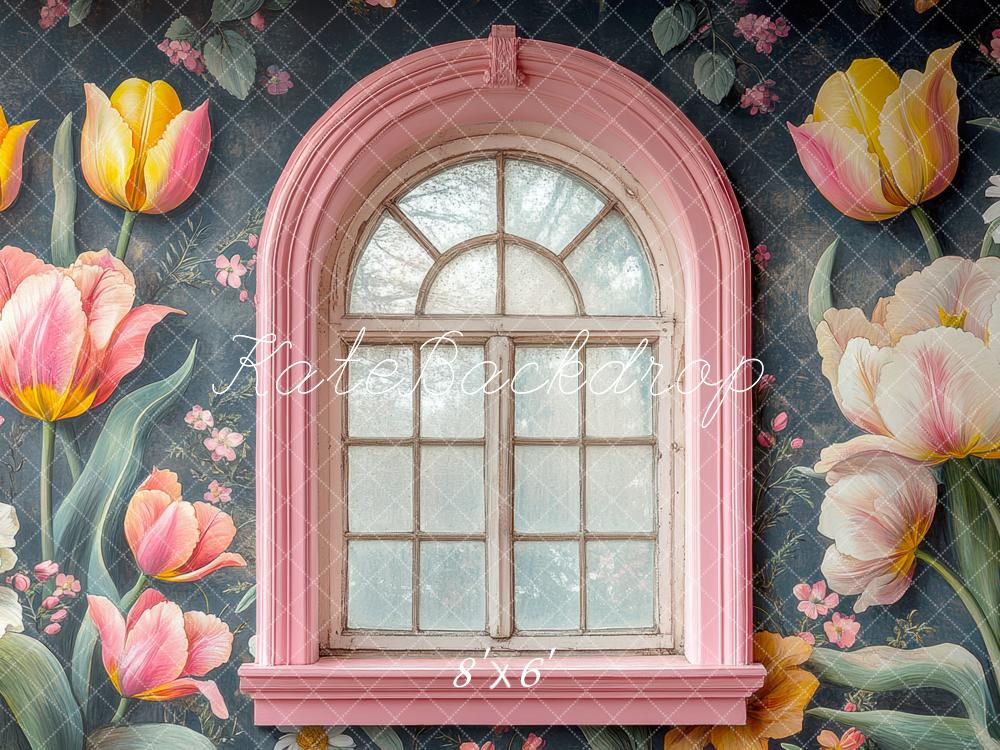 Kate Fenêtre Rose Fleurs Tulipes Toile de fond conçue par Mini MakeBelieve - Kate Backdrop FR