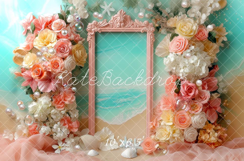 Kate Plage Fleurs Coquillages Cadre Toile de fond conçue par Mini MakeBelieve - Kate Backdrop FR