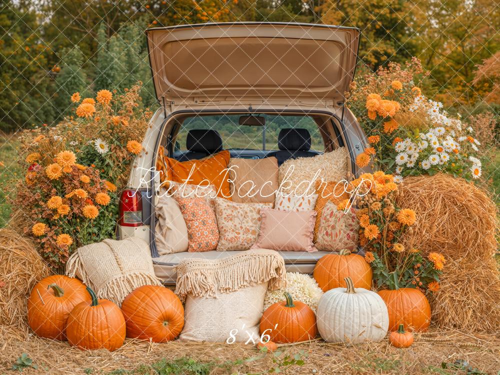 Kate Automne Citrouilles Fleurs Foin Voiture Toile de fond conçue par Emetselch - Kate Backdrop FR