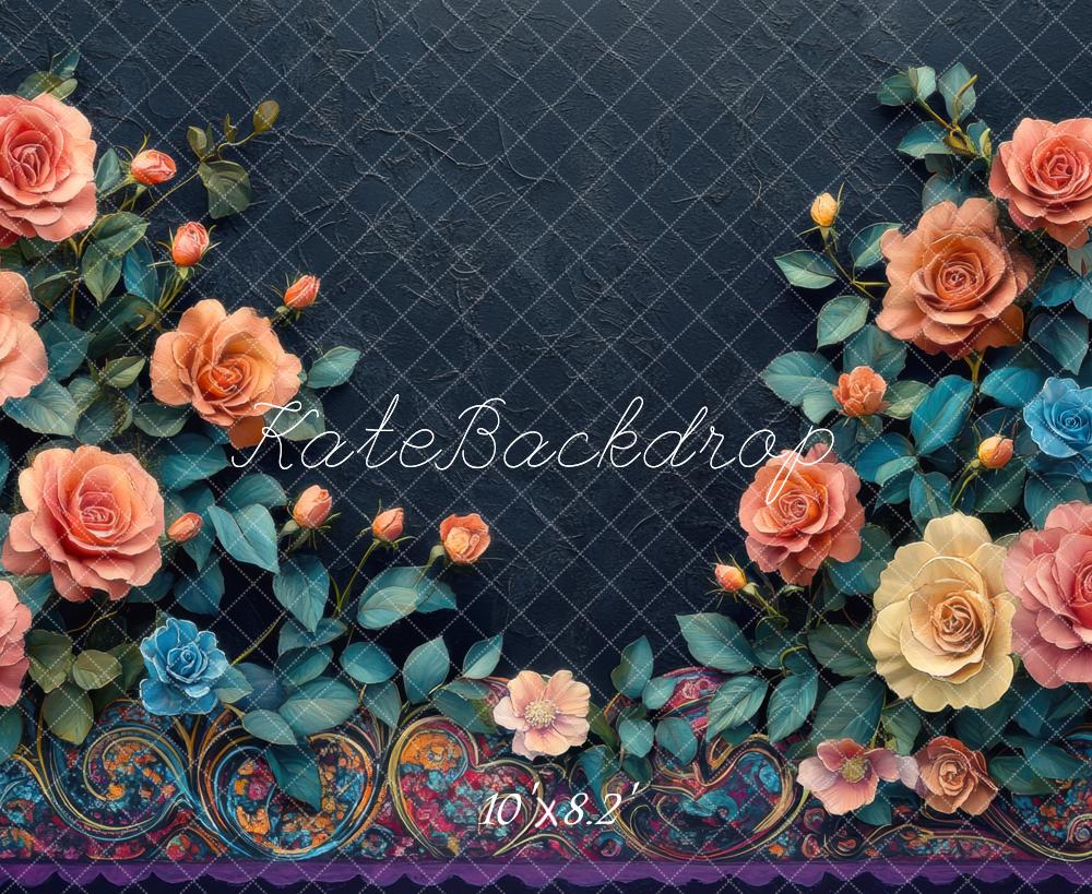Kate Floral Roses Bleu Portrait Toile de fond conçue par Mini MakeBelieve