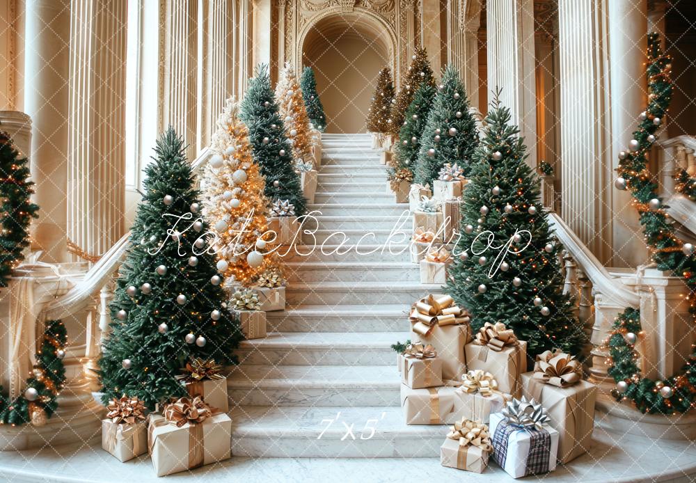 Kate Sapins de Noël Escalier Cadeaux Toile de fond conçue par Mini MakeBelieve - Kate Backdrop FR