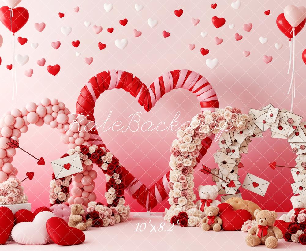 Kate Saint Valentin Cœurs Lettres Ballons Toile de fond conçue par Patty Roberts - Kate Backdrop FR