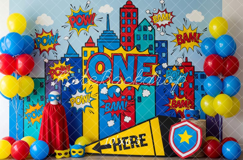 Kate Super Héros Ville Anniversaire Ballons Toile de fond conçue par Patty Roberts - Kate Backdrop FR