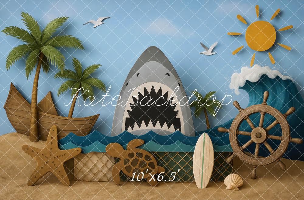 Kate Océan Requin Palmiers Vague Toile de fond conçue par Mini MakeBelieve - Kate Backdrop FR