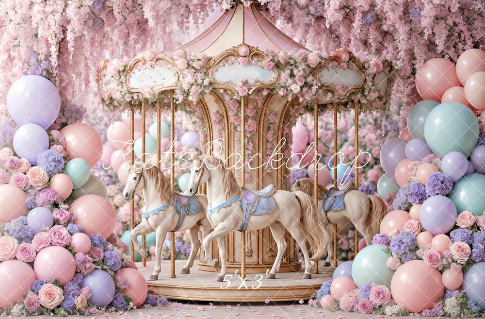 Kate Carrousel Fleurs Ballons Pastel Toile de fond conçue par Ashley Paul - Kate Backdrop FR