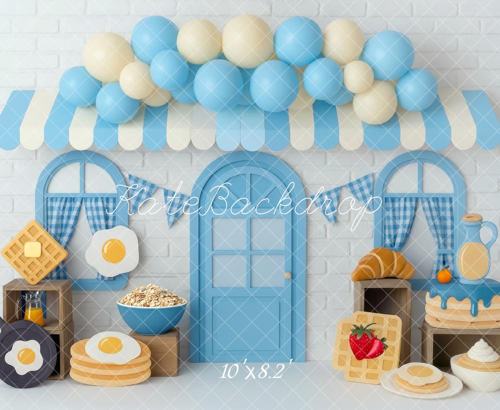 Kate Anniversaire Petit Déjeuner Ballons Bleu Toile de fond conçue par Mini MakeBelieve - Kate Backdrop FR