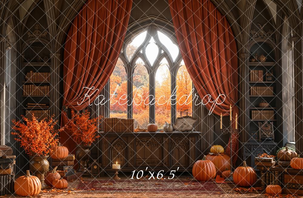 Kate Automne Bibliothèque Citrouilles Gothique Toile de fond conçue par Emetselch - Kate Backdrop FR