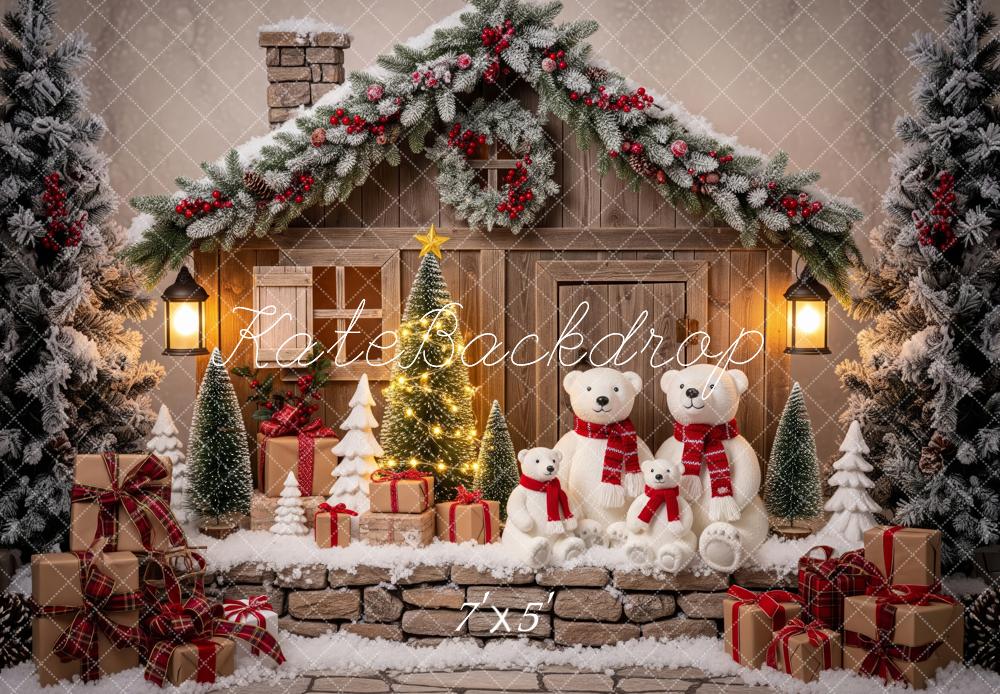 Kate Noël Chalet Ours Sapins Cadeaux Toile de fond conçue par Patty Roberts