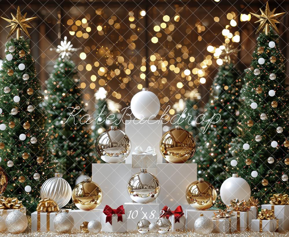 Kate Sapins de Noël Boules Bokeh Cadeaux Toile de fond conçue par Mini MakeBelieve - Kate Backdrop FR