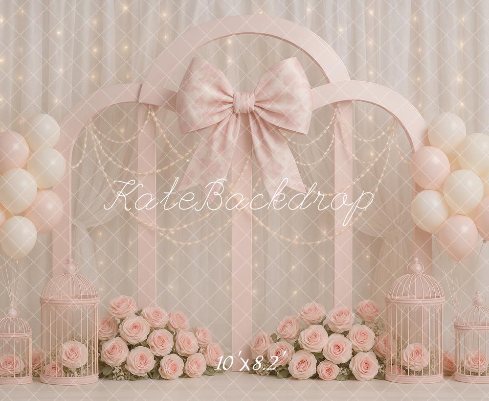 Kate Anniversaire Fleurs Nœud Ballons Rose Toile de fond conçue par Ashley Paul - Kate Backdrop FR