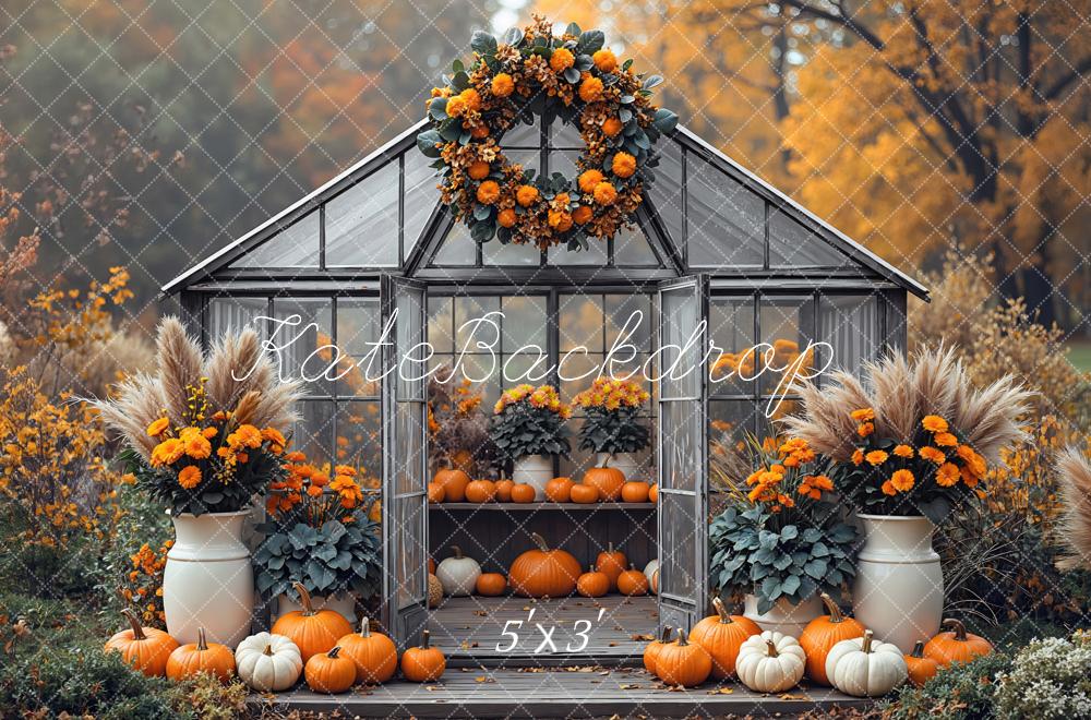 Kate Automne Serre Citrouilles Fleurs Toile de fond conçue par Mini MakeBelieve - Kate Backdrop FR