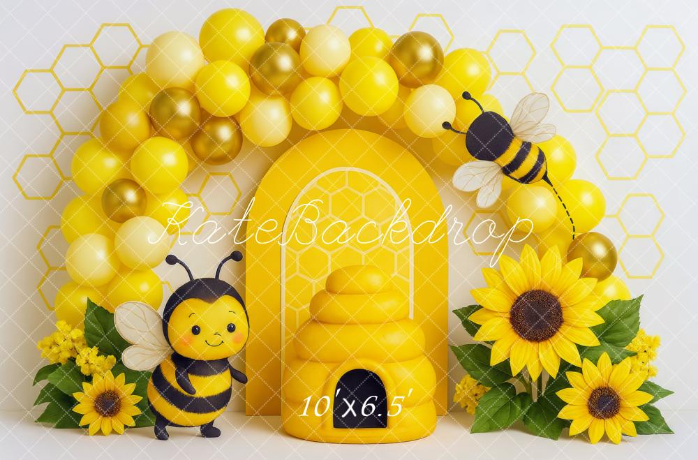 Kate Anniversaire Abeille Ruche Ballon Tournesol Toile de fond conçue par Mini MakeBelieve - Kate Backdrop FR
