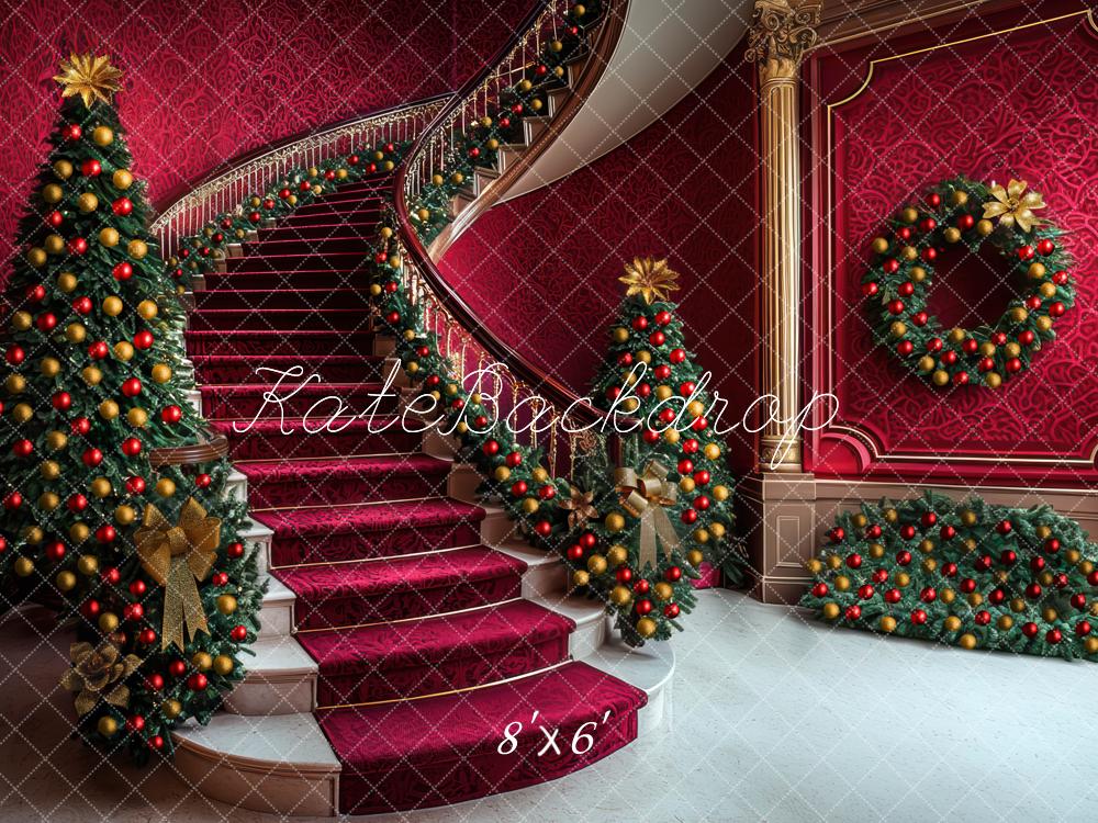 Kate Noël Escalier Sapins Décorations Rouge Toile de fond conçue par Mini MakeBelieve - Kate Backdrop FR
