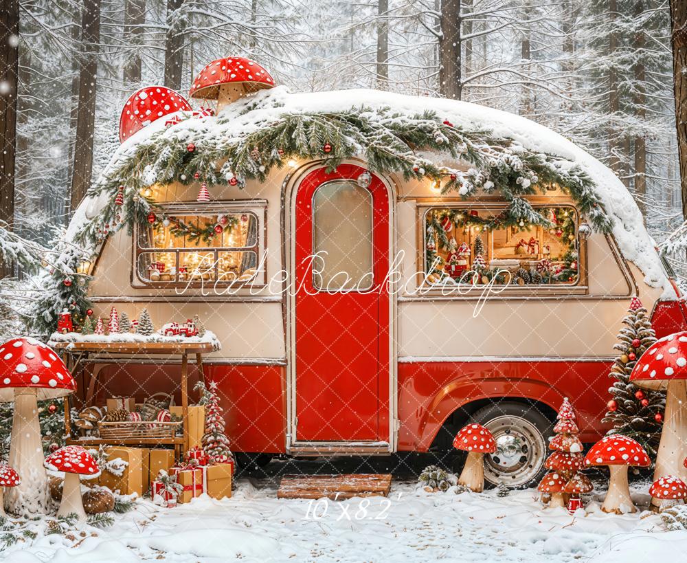 Kate Hiver Forêt Caravane Champignons Toile de fond conçue par Emetselch - Kate Backdrop FR