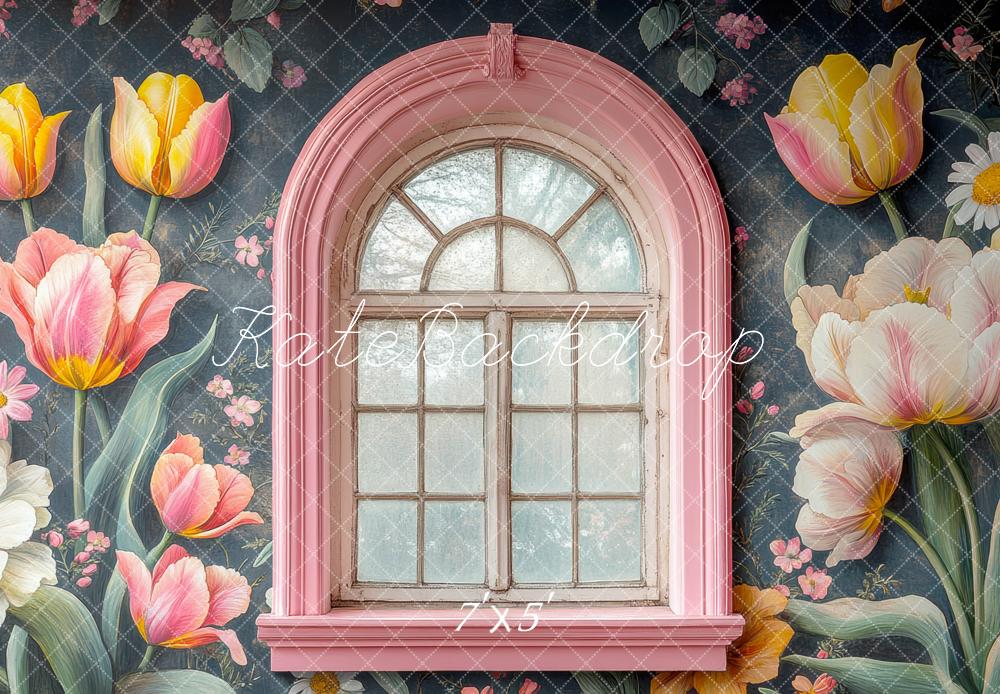 Kate Fenêtre Rose Fleurs Tulipes Toile de fond conçue par Mini MakeBelieve - Kate Backdrop FR