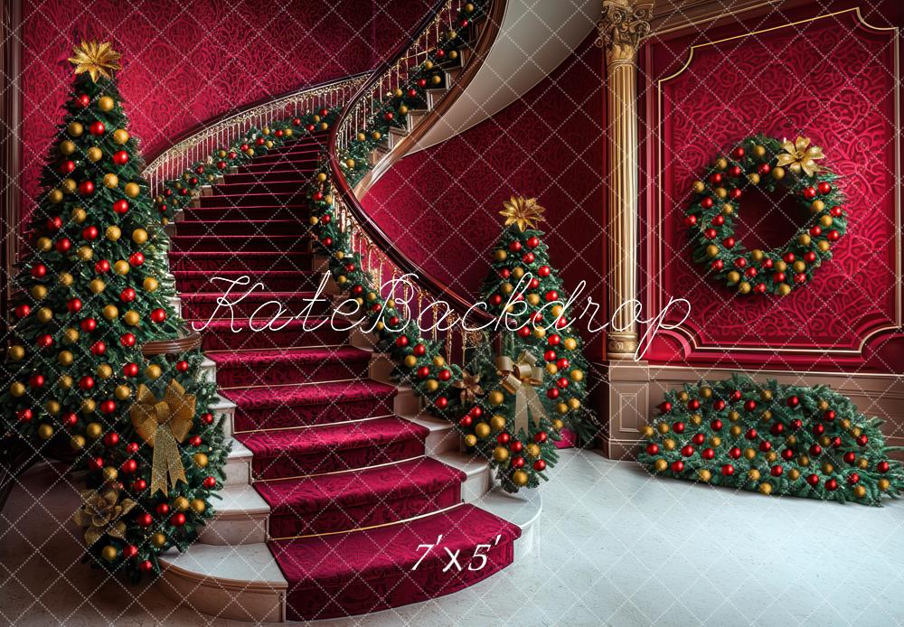 Kate Noël Escalier Sapins Décorations Rouge Toile de fond conçue par Mini MakeBelieve - Kate Backdrop FR