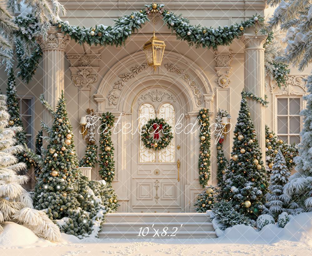Kate Noël Maison Sapins Neige Toile de fond conçue par Emetselch - Kate Backdrop FR