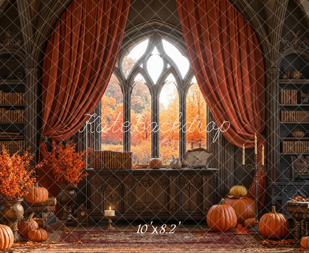 Kate Automne Bibliothèque Citrouilles Gothique Toile de fond conçue par Emetselch - Kate Backdrop FR