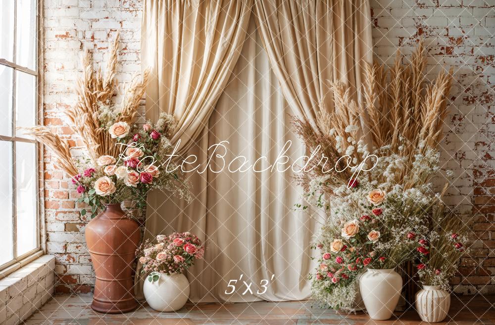 Kate Bohème Beige Rideau Fleurs Brique Toile de fond conçue par Emetselch