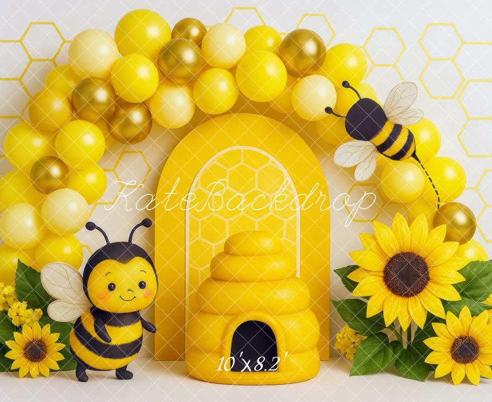 Kate Anniversaire Abeille Ruche Ballon Tournesol Toile de fond conçue par Mini MakeBelieve - Kate Backdrop FR